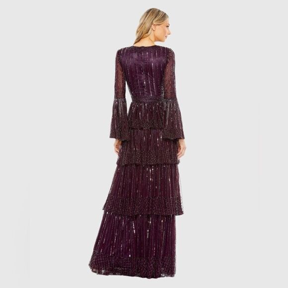 Mac Duggal Embellished Bell Sleeve Tiered Gown Size 12 NWT 5442 BlackBerry - Picture 4 of 11